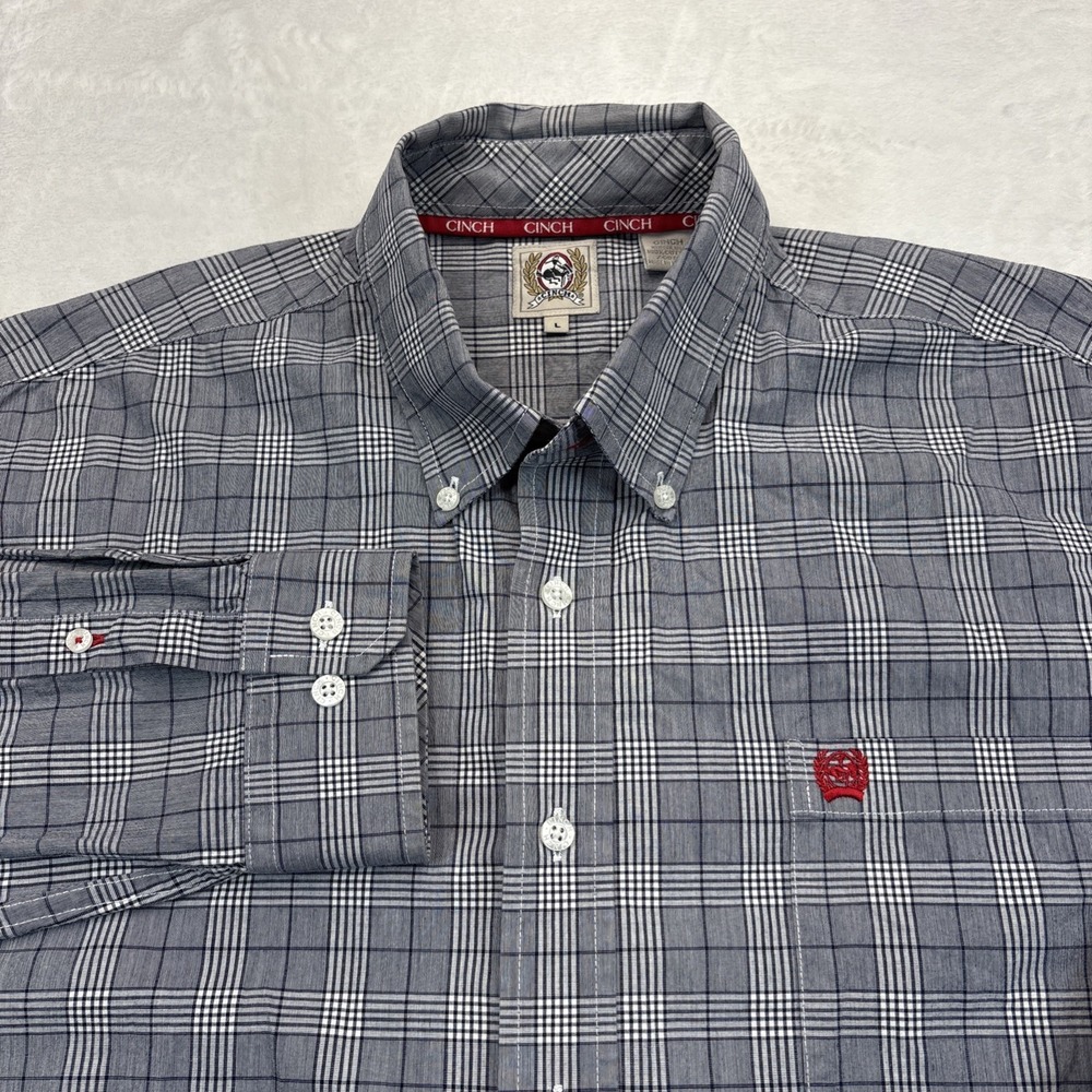 Cinch Y2K Vtg Mens L Gray Glen Plaid Western Shirt Crest Logo Rodeo